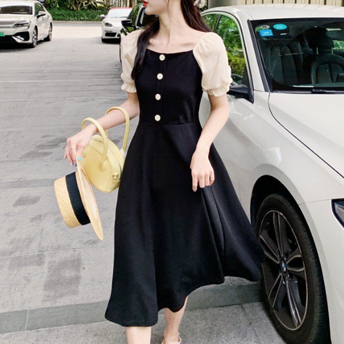 Dewlily Puff Sleeve Dress Korean Fashion Teens 20s 30s Cute Date A-Line Office Style Off Shoulder Plain Simple