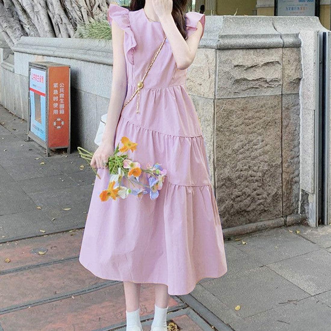 Dewlily Summer Dress Korean Fashion Teens 20s 30s Cute Leg-lengthening Date Gathered Tiered Ruffled Sleeves Casual Pretty A-line
