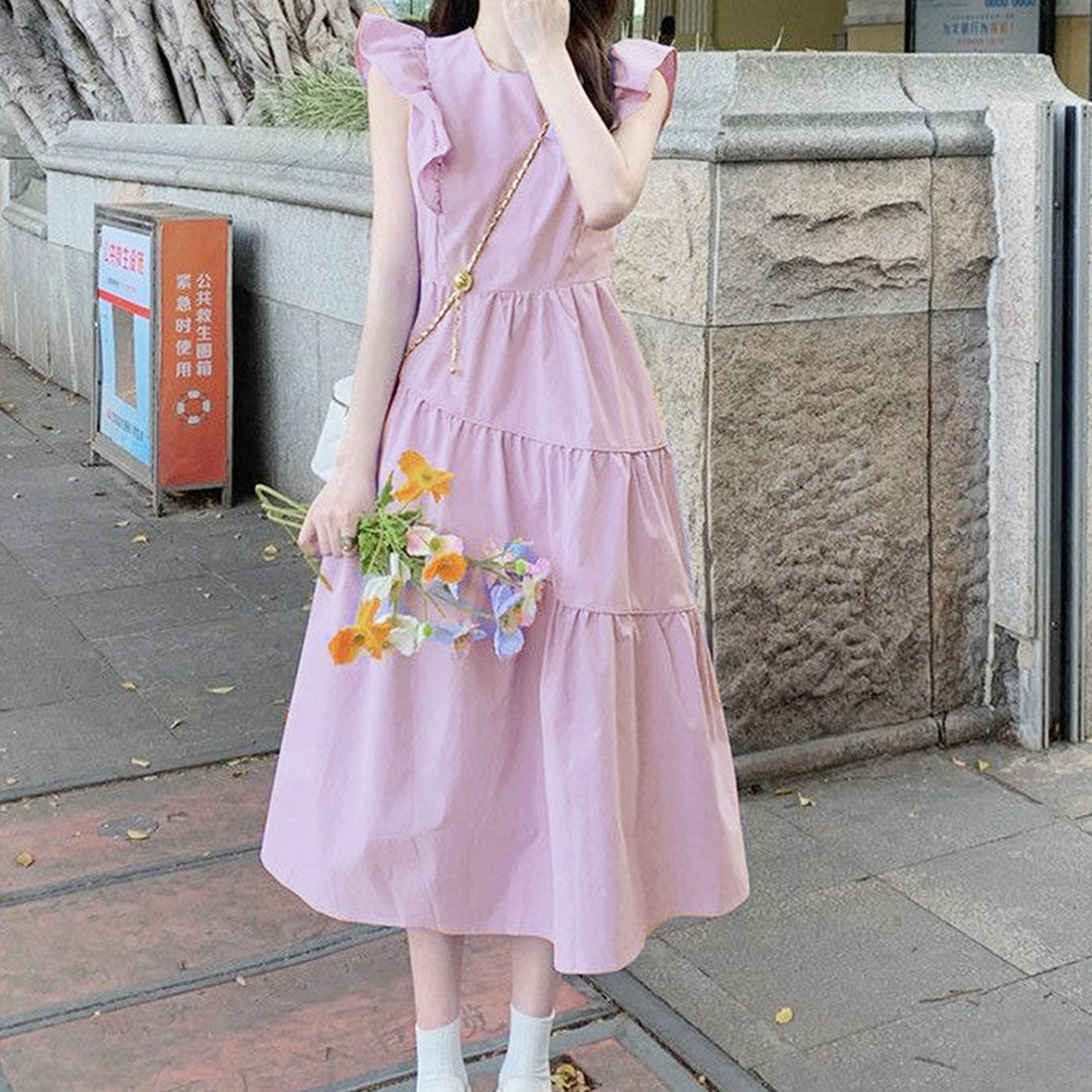 Dewlily Summer Dress Korean Fashion Teens 20s 30s Cute Leg-lengthening Date Gathered Tiered Ruffled Sleeves Casual Pretty A-line