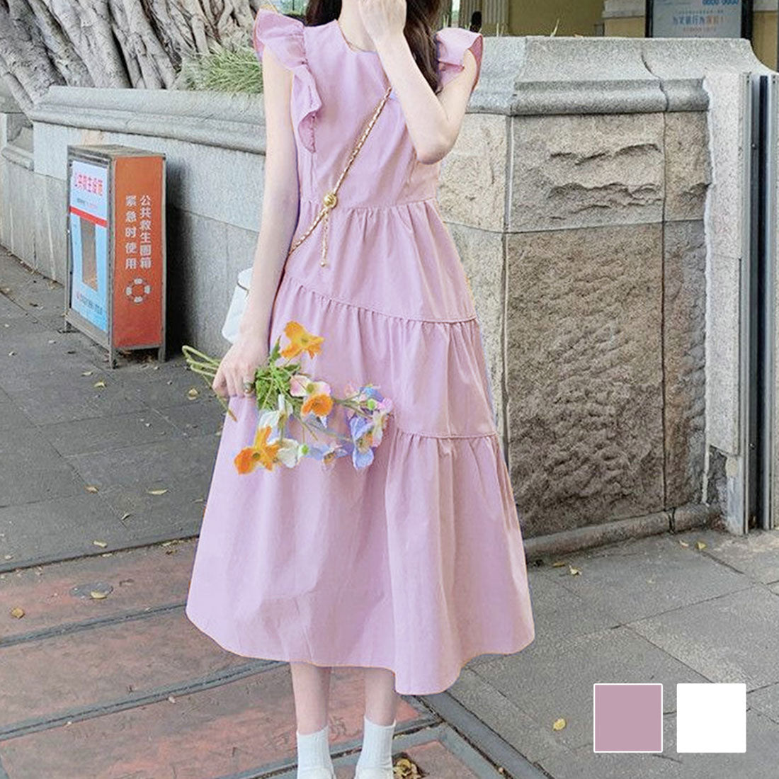 Dewlily Summer Dress Korean Fashion Teens 20s 30s Cute Leg-lengthening Date Gathered Tiered Ruffled Sleeves Casual Pretty A-line