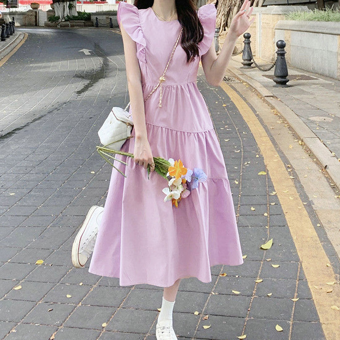 Dewlily Summer Dress Korean Fashion Teens 20s 30s Cute Leg-lengthening Date Gathered Tiered Ruffled Sleeves Casual Pretty A-line