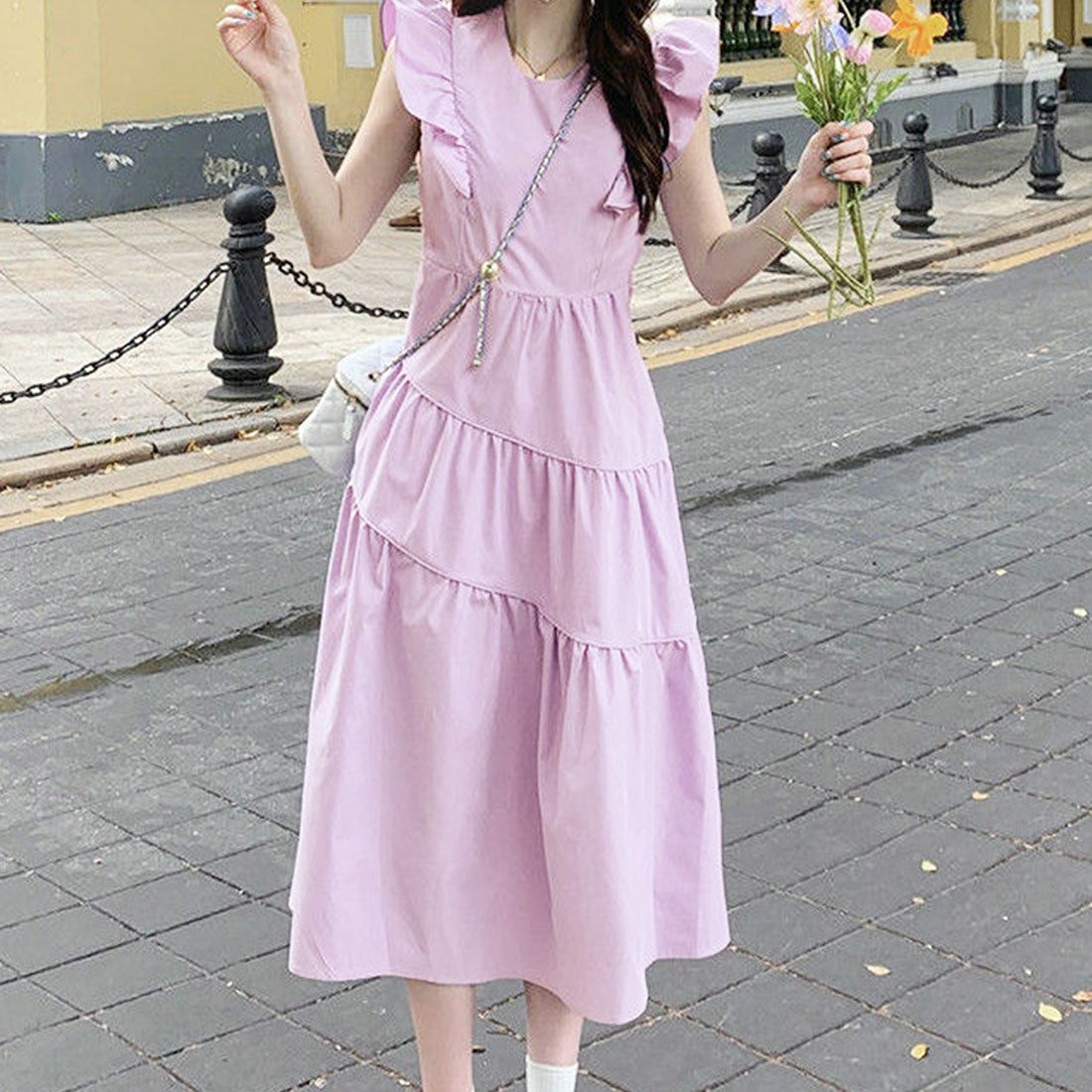 Dewlily Summer Dress Korean Fashion Teens 20s 30s Cute Leg-lengthening Date Gathered Tiered Ruffled Sleeves Casual Pretty A-line