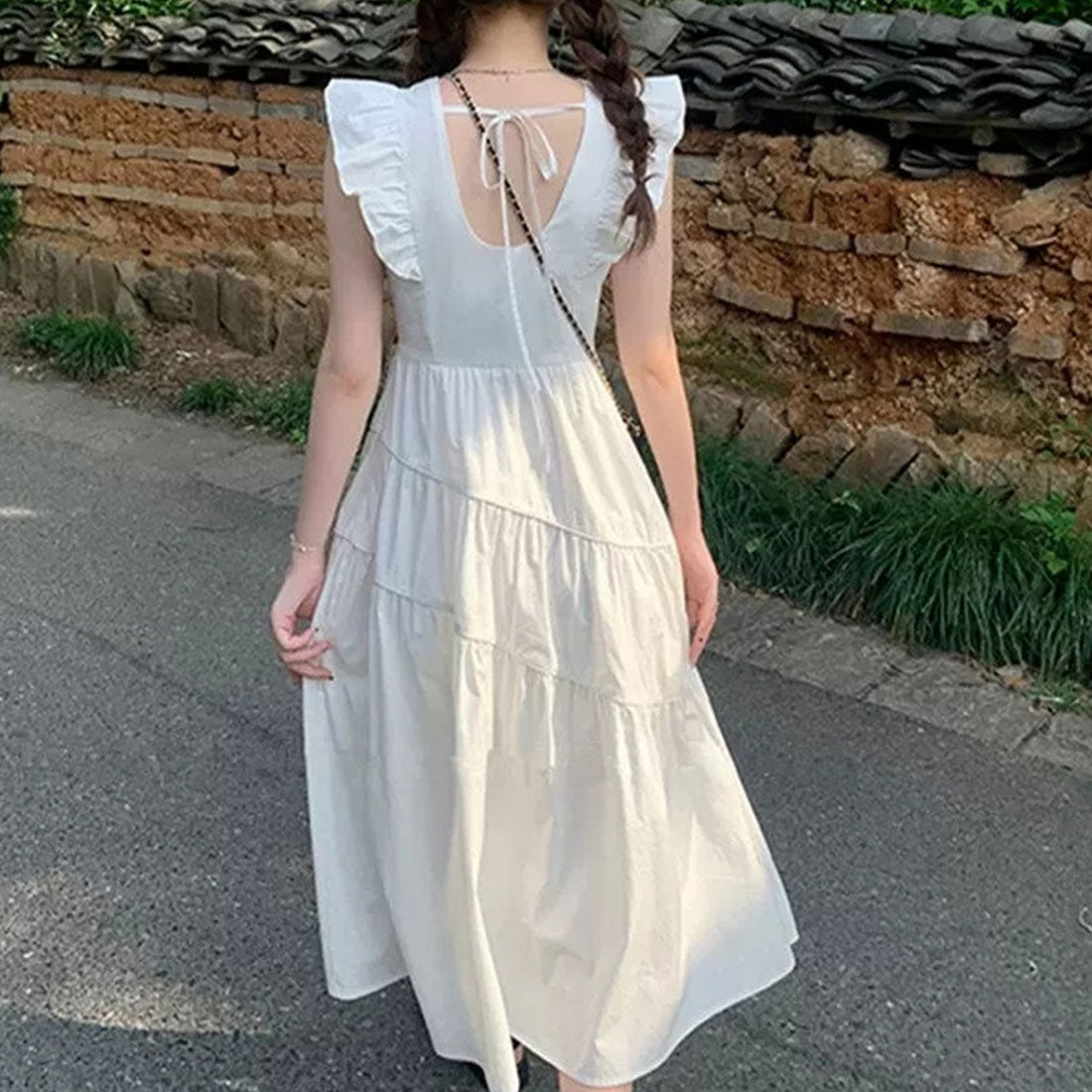 Dewlily Summer Dress Korean Fashion Teens 20s 30s Cute Leg-lengthening Date Gathered Tiered Ruffled Sleeves Casual Pretty A-line