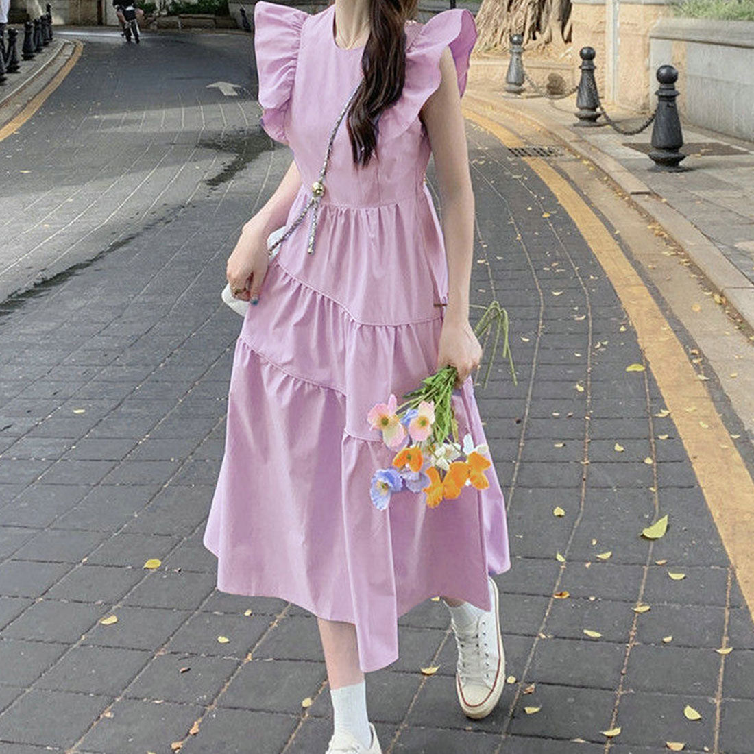 Dewlily Summer Dress Korean Fashion Teens 20s 30s Cute Leg-lengthening Date Gathered Tiered Ruffled Sleeves Casual Pretty A-line