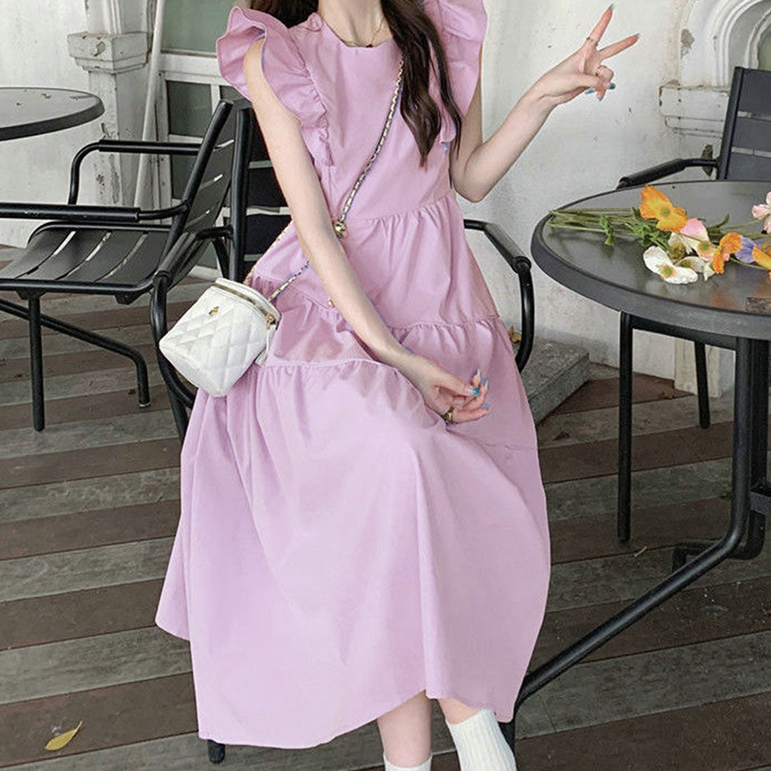 Dewlily Summer Dress Korean Fashion Teens 20s 30s Cute Leg-lengthening Date Gathered Tiered Ruffled Sleeves Casual Pretty A-line