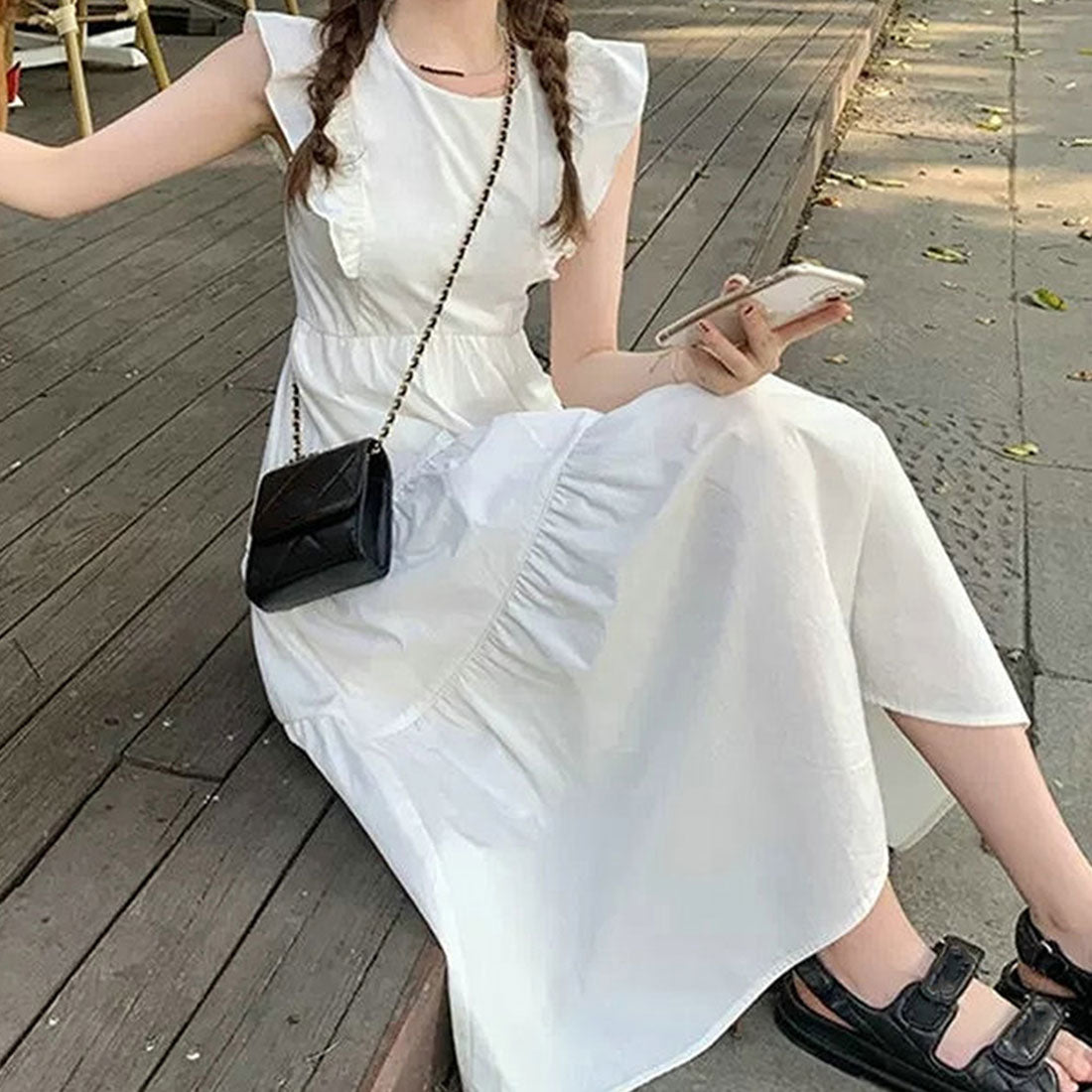 Dewlily Summer Dress Korean Fashion Teens 20s 30s Cute Leg-lengthening Date Gathered Tiered Ruffled Sleeves Casual Pretty A-line