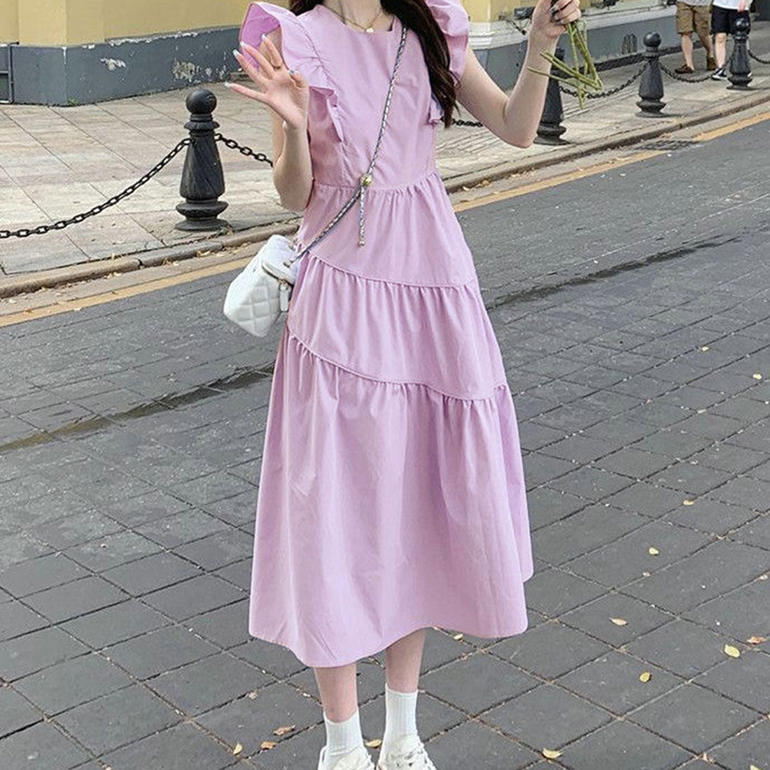Dewlily Summer Dress Korean Fashion Teens 20s 30s Cute Leg-lengthening Date Gathered Tiered Ruffled Sleeves Casual Pretty A-line