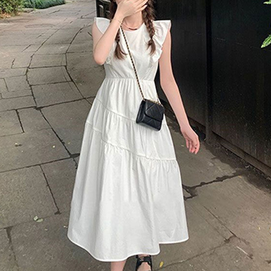 Dewlily Summer Dress Korean Fashion Teens 20s 30s Cute Leg-lengthening Date Gathered Tiered Ruffled Sleeves Casual Pretty A-line