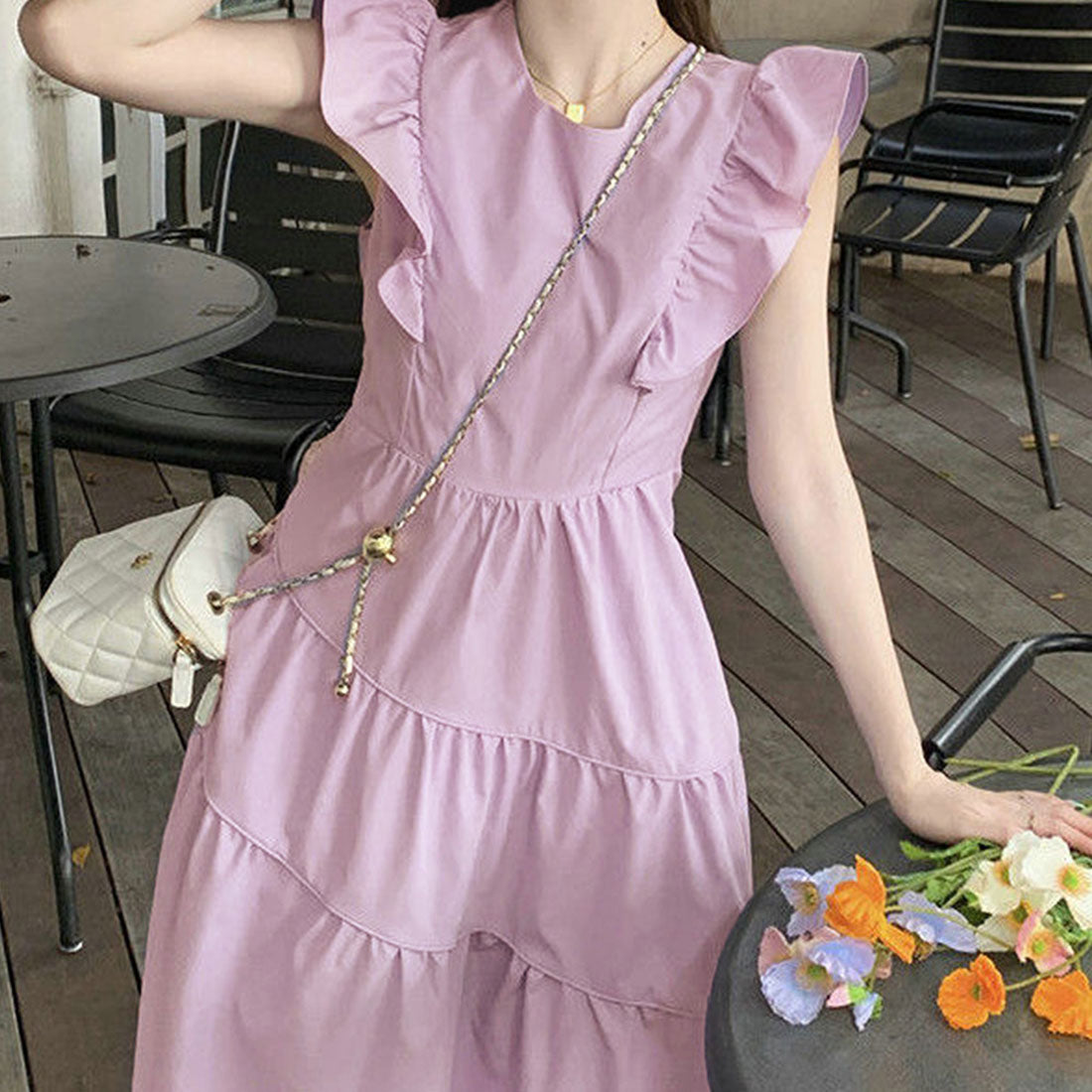 Dewlily Summer Dress Korean Fashion Teens 20s 30s Cute Leg-lengthening Date Gathered Tiered Ruffled Sleeves Casual Pretty A-line