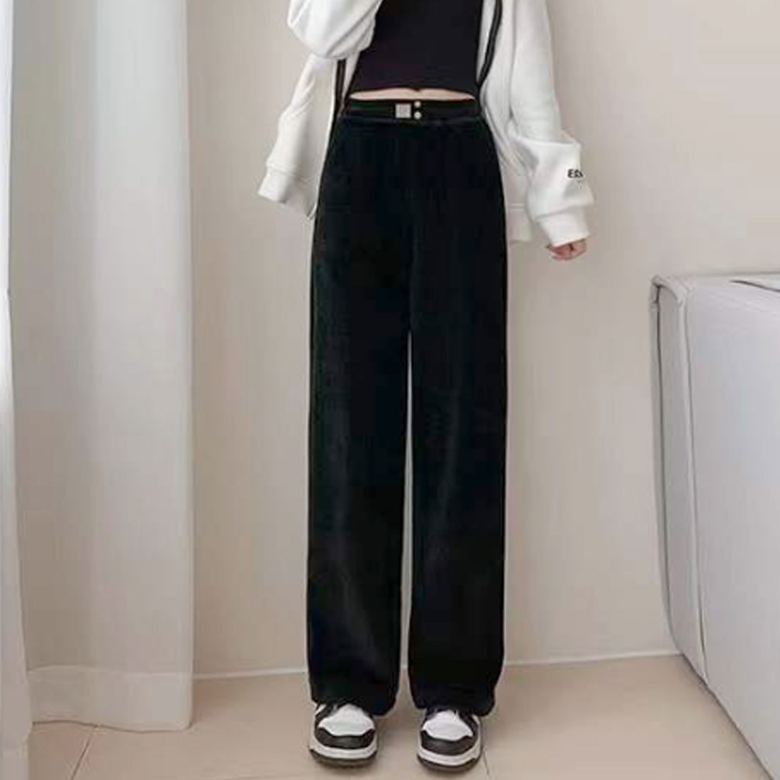 デューリリー Dewlily コーデュロイワイドパンツ 韓国ファッション 10代 20代 30代 脚長効果 ハイウエスト ウエストゴム ゆったり シンプル 大人 きれいめ,ブラック