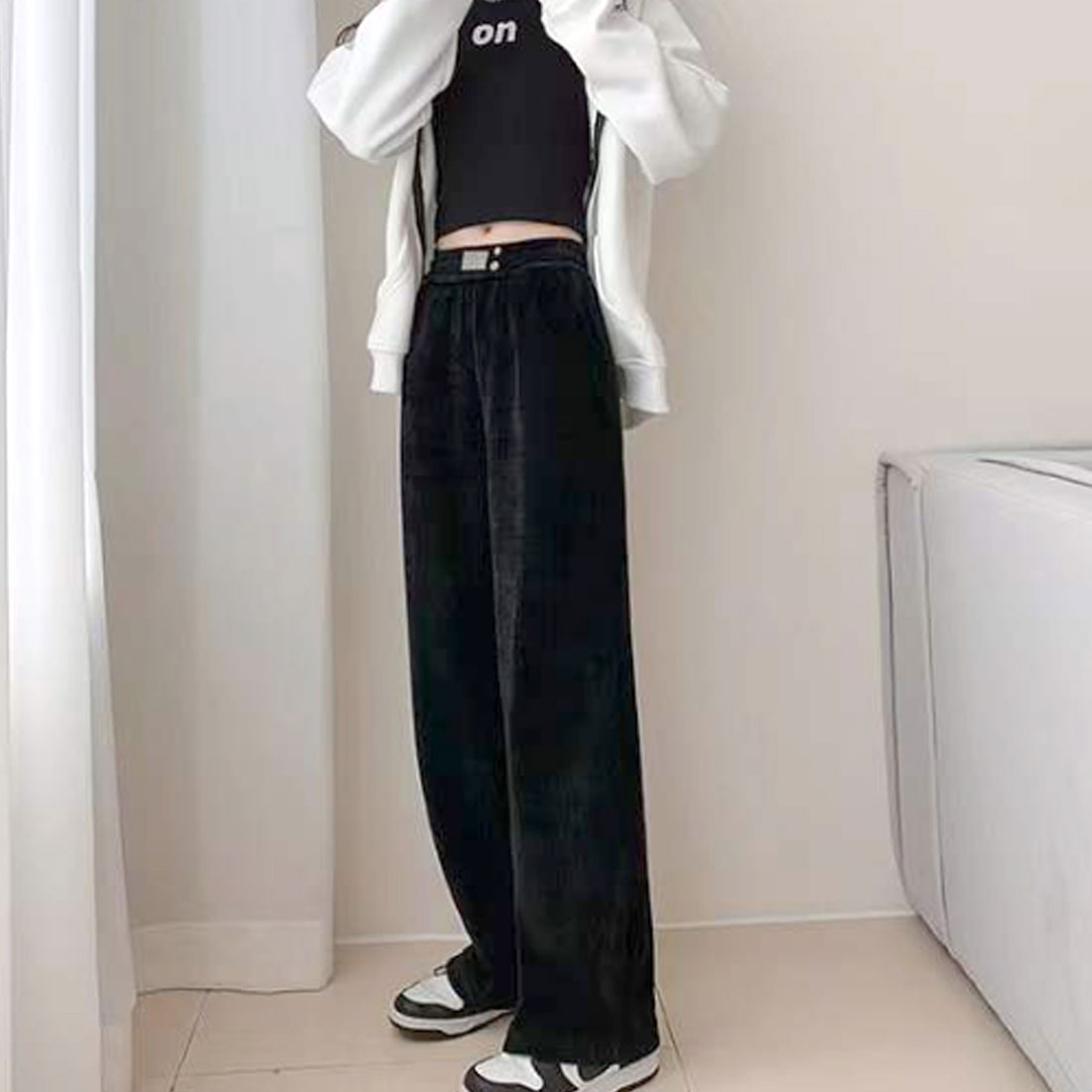 デューリリー Dewlily コーデュロイワイドパンツ 韓国ファッション 10代 20代 30代 脚長効果 ハイウエスト ウエストゴム ゆったり シンプル 大人 きれいめ