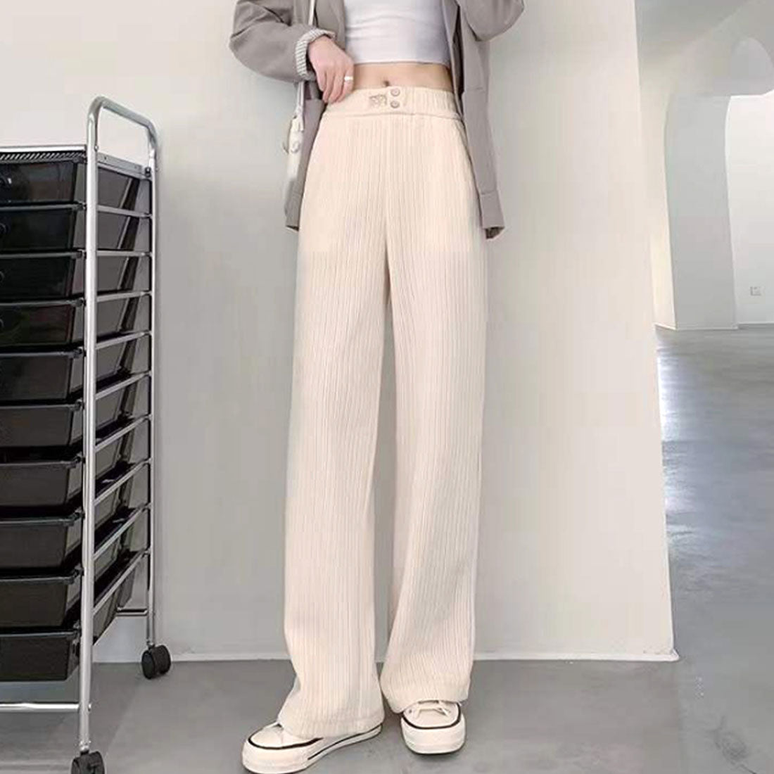 デューリリー Dewlily コーデュロイワイドパンツ 韓国ファッション 10代 20代 30代 脚長効果 ハイウエスト ウエストゴム ゆったり シンプル 大人 きれいめ,ホワイト