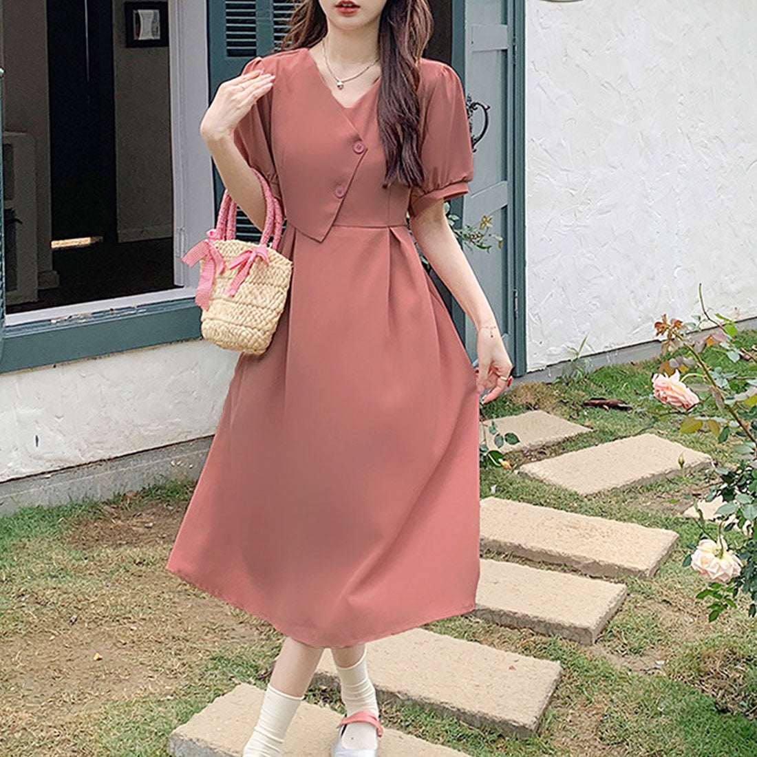Dewlily Puff Sleeve Dress Korean Fashion for Teens, 20s, 30s Asymmetrical Cute Slimming Effect A-line Casual Short Sleeve Plain Ribbon