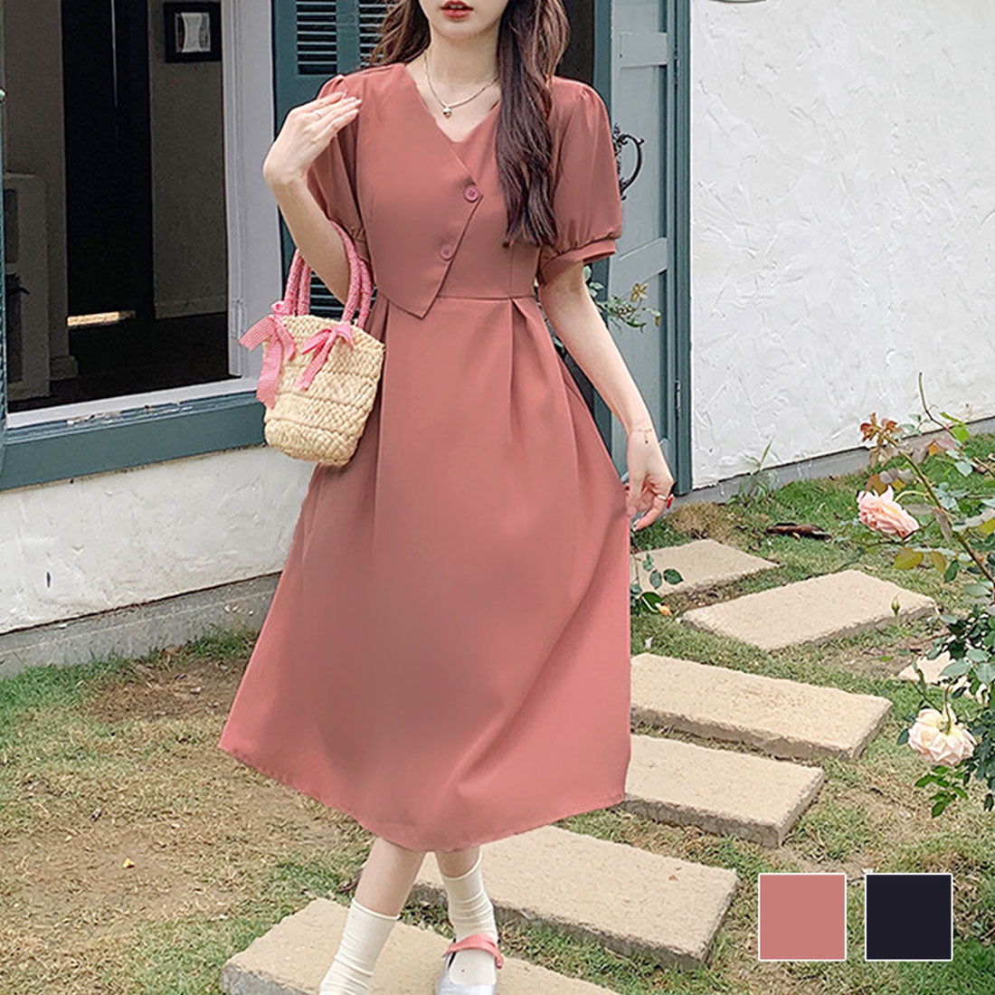 Dewlily Puff Sleeve Dress Korean Fashion for Teens, 20s, 30s Asymmetrical Cute Slimming Effect A-line Casual Short Sleeve Plain Ribbon