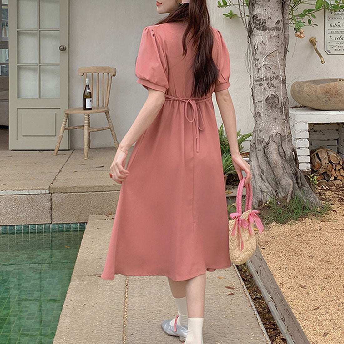 Dewlily Puff Sleeve Dress Korean Fashion for Teens, 20s, 30s Asymmetrical Cute Slimming Effect A-line Casual Short Sleeve Plain Ribbon