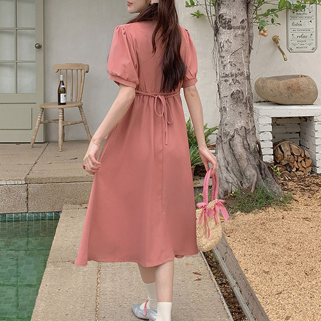 Dewlily Puff Sleeve Dress Korean Fashion for Teens, 20s, 30s Asymmetrical Cute Slimming Effect A-line Casual Short Sleeve Plain Ribbon