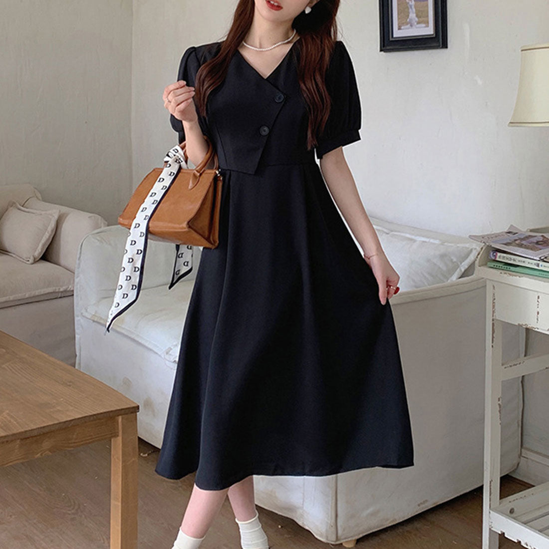 Dewlily Puff Sleeve Dress Korean Fashion for Teens, 20s, 30s Asymmetrical Cute Slimming Effect A-line Casual Short Sleeve Plain Ribbon