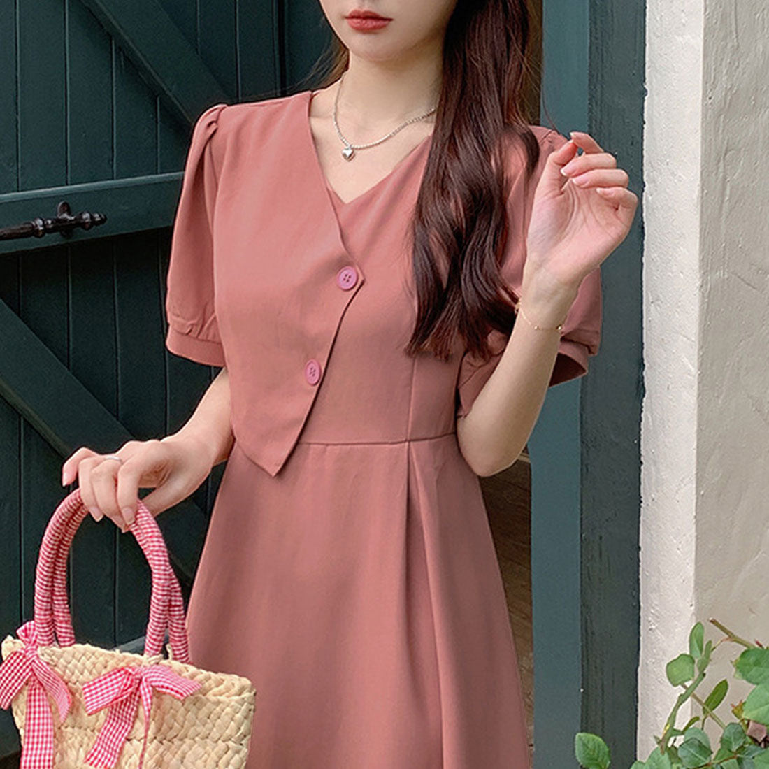 Dewlily Puff Sleeve Dress Korean Fashion for Teens, 20s, 30s Asymmetrical Cute Slimming Effect A-line Casual Short Sleeve Plain Ribbon