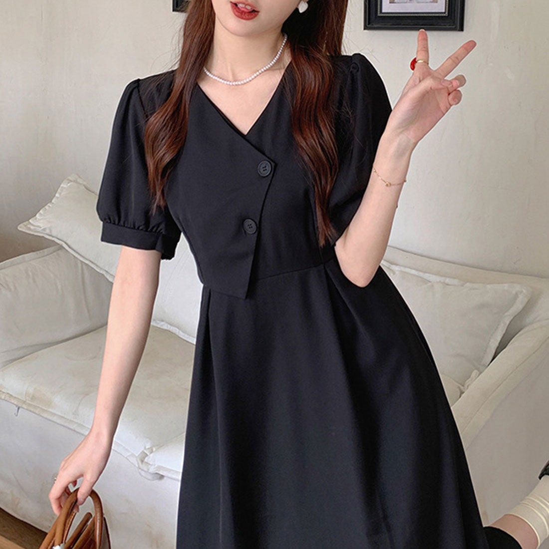Dewlily Puff Sleeve Dress Korean Fashion for Teens, 20s, 30s Asymmetrical Cute Slimming Effect A-line Casual Short Sleeve Plain Ribbon