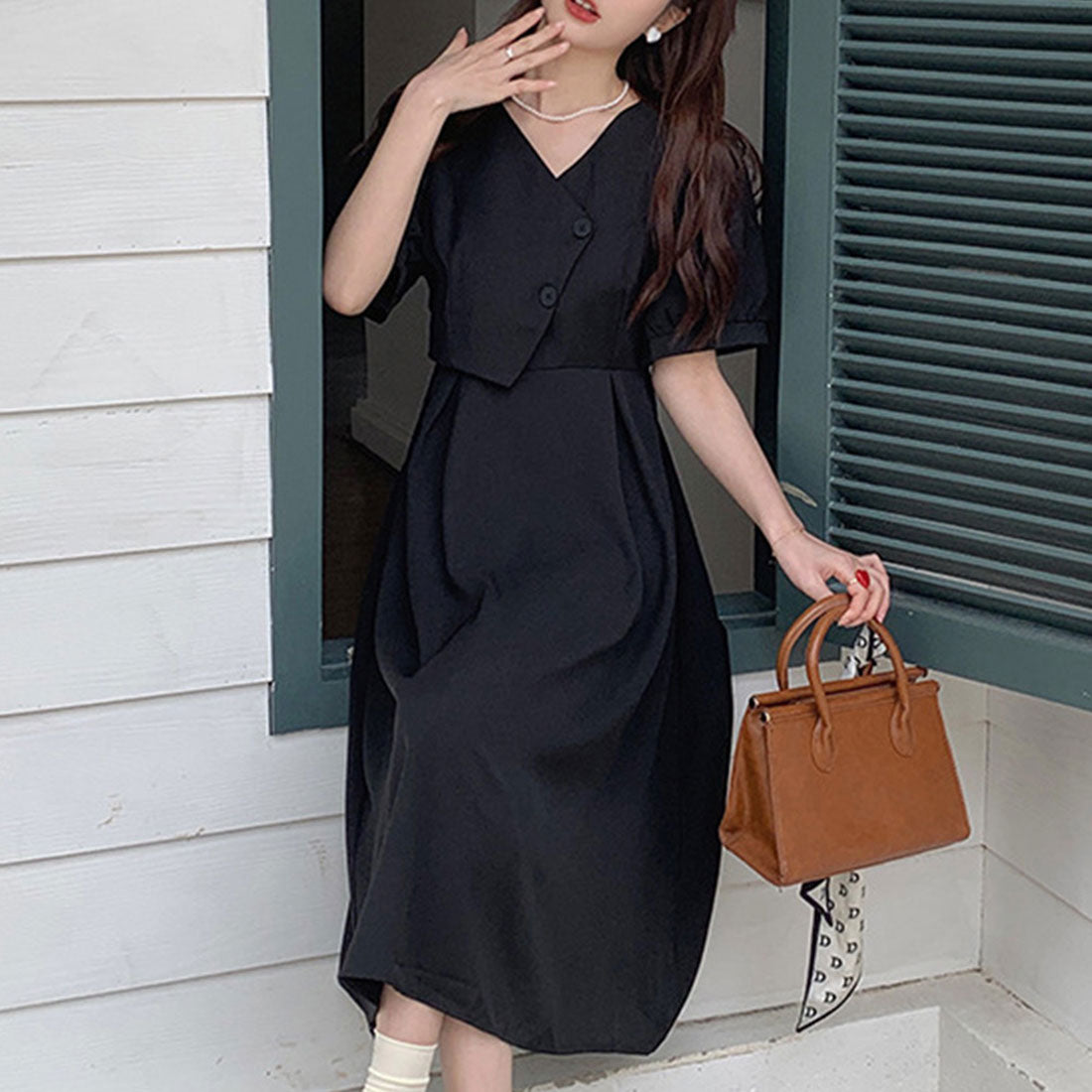 Dewlily Puff Sleeve Dress Korean Fashion for Teens, 20s, 30s Asymmetrical Cute Slimming Effect A-line Casual Short Sleeve Plain Ribbon