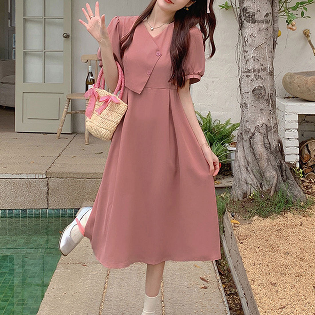 Dewlily Puff Sleeve Dress Korean Fashion for Teens, 20s, 30s Asymmetrical Cute Slimming Effect A-line Casual Short Sleeve Plain Ribbon