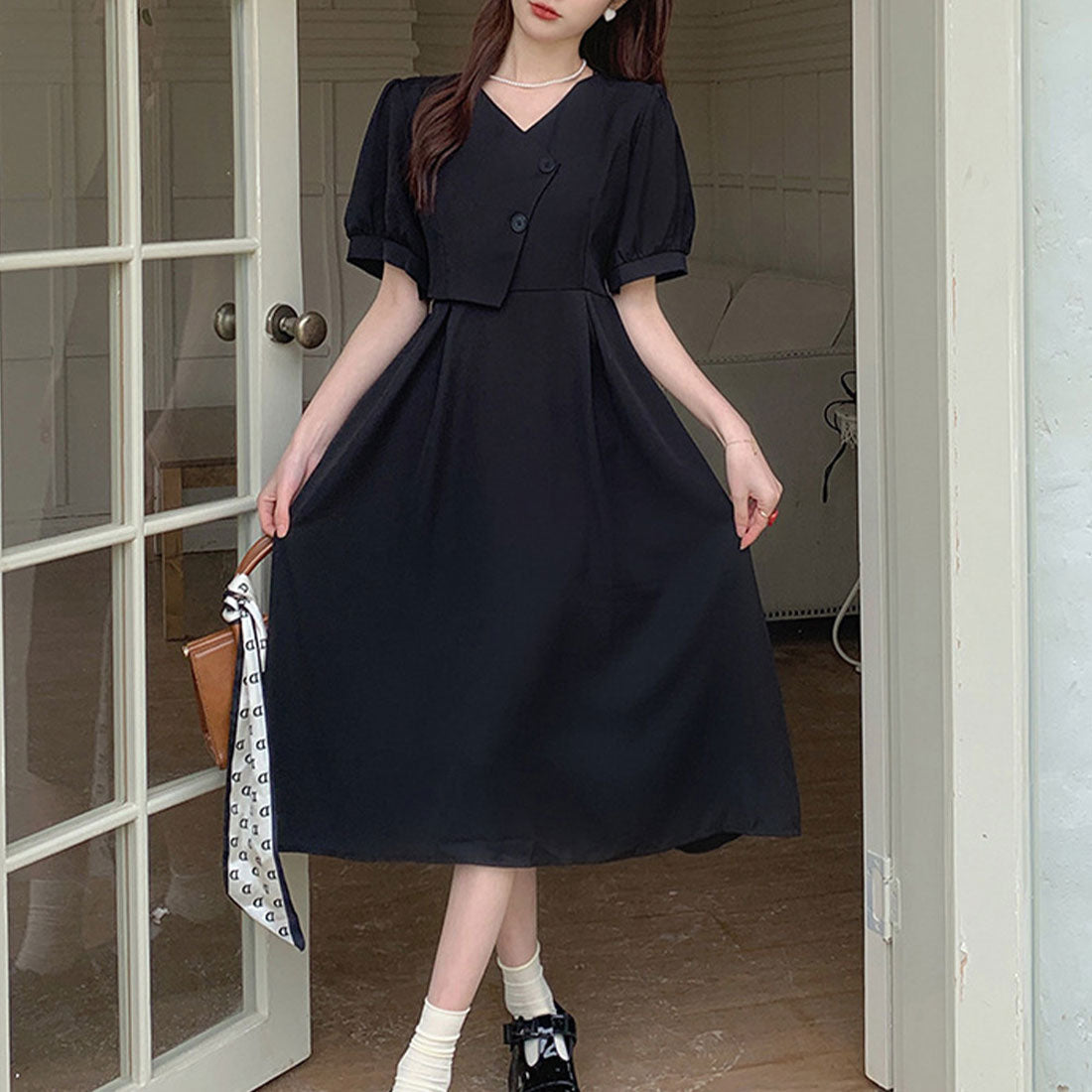 Dewlily Puff Sleeve Dress Korean Fashion for Teens, 20s, 30s Asymmetrical Cute Slimming Effect A-line Casual Short Sleeve Plain Ribbon