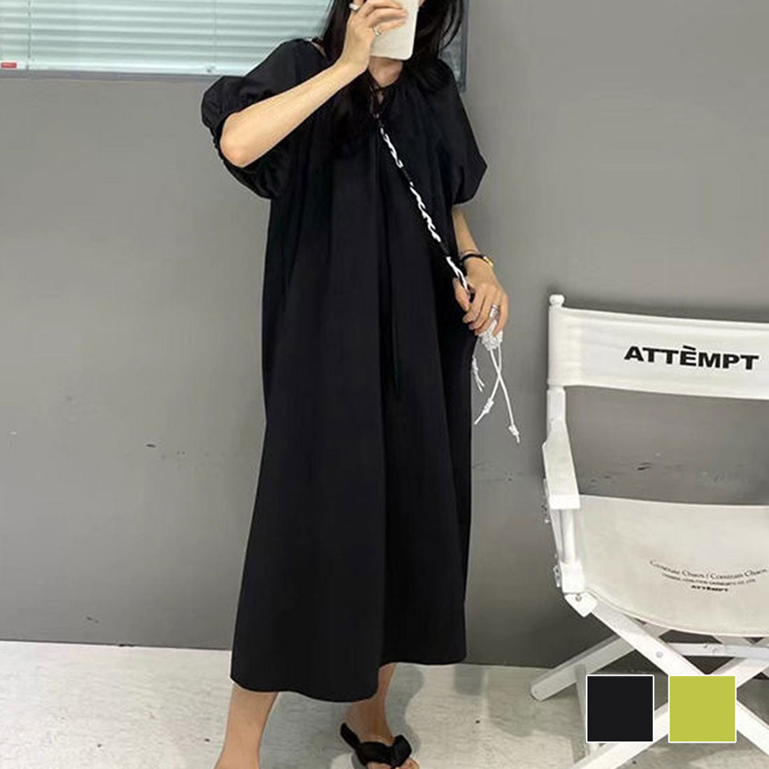 デューリリー Dewlily ラウンドネックワンピース 韓国ファッション 10代 20代 30代 ランタンスリーブ 大人 カジュアル 可愛い ゆったり 半袖 シンプル 無地