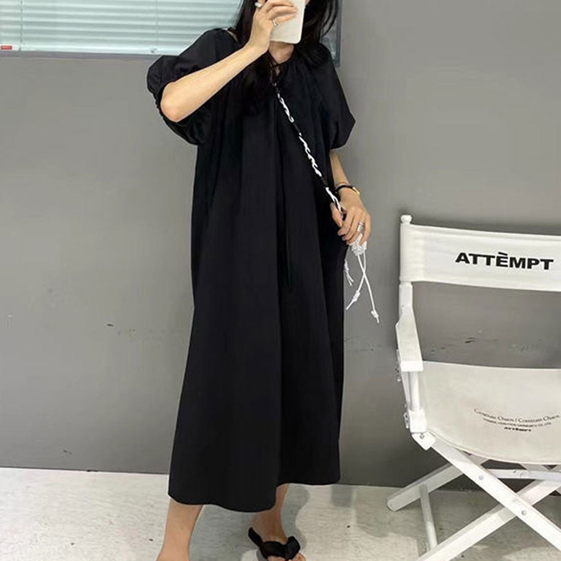 デューリリー Dewlily ラウンドネックワンピース 韓国ファッション 10代 20代 30代 ランタンスリーブ 大人 カジュアル 可愛い ゆったり 半袖 シンプル 無地,ブラック
