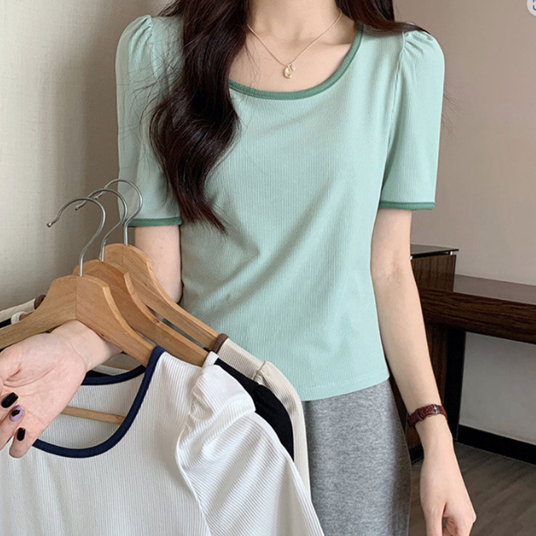 デューリリー Dewlily バイカラーTシャツ 韓国ファッション 10代 20代 30代 カジュアル シンプル 無地 おしゃれ きれいめ 大人 上品 パイピング （ホワイト） ホワイト