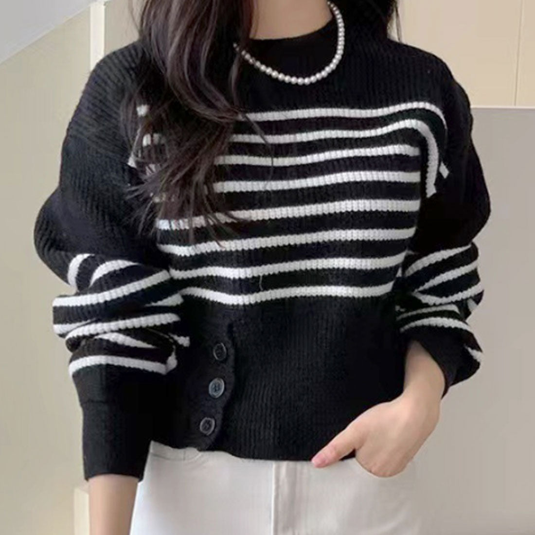 デューリリー Dewlily ボーダーニット 秋 冬 韓国ファッション 10代 20代 30代 レディース 可愛い 大人カジュアル シンプル 白 黒 モノトーンコーデ 長袖,ブラック