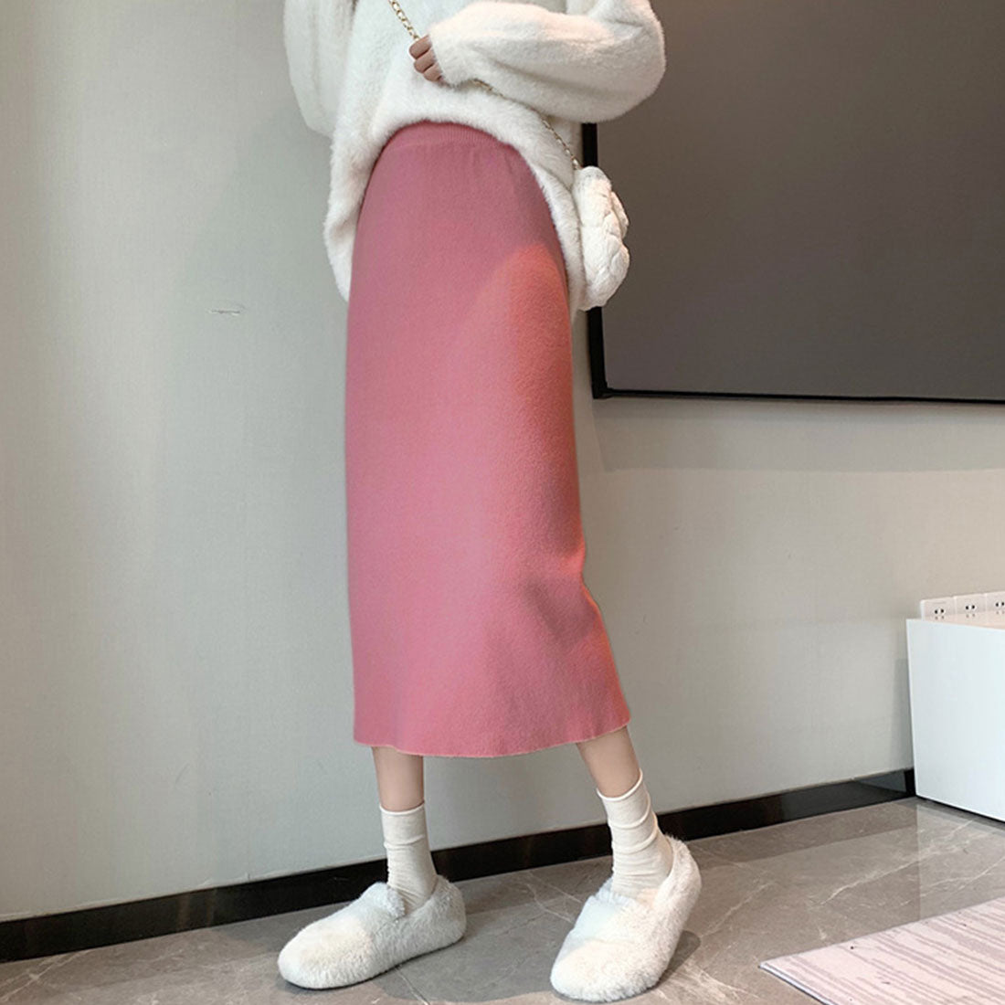 デューリリー Dewlily ミモレ丈タイトスカート 秋 冬 韓国ファッション 10代 20代 30代 レディース 可愛い 大人カジュアル シンプル 無地 脚長効果 細見え