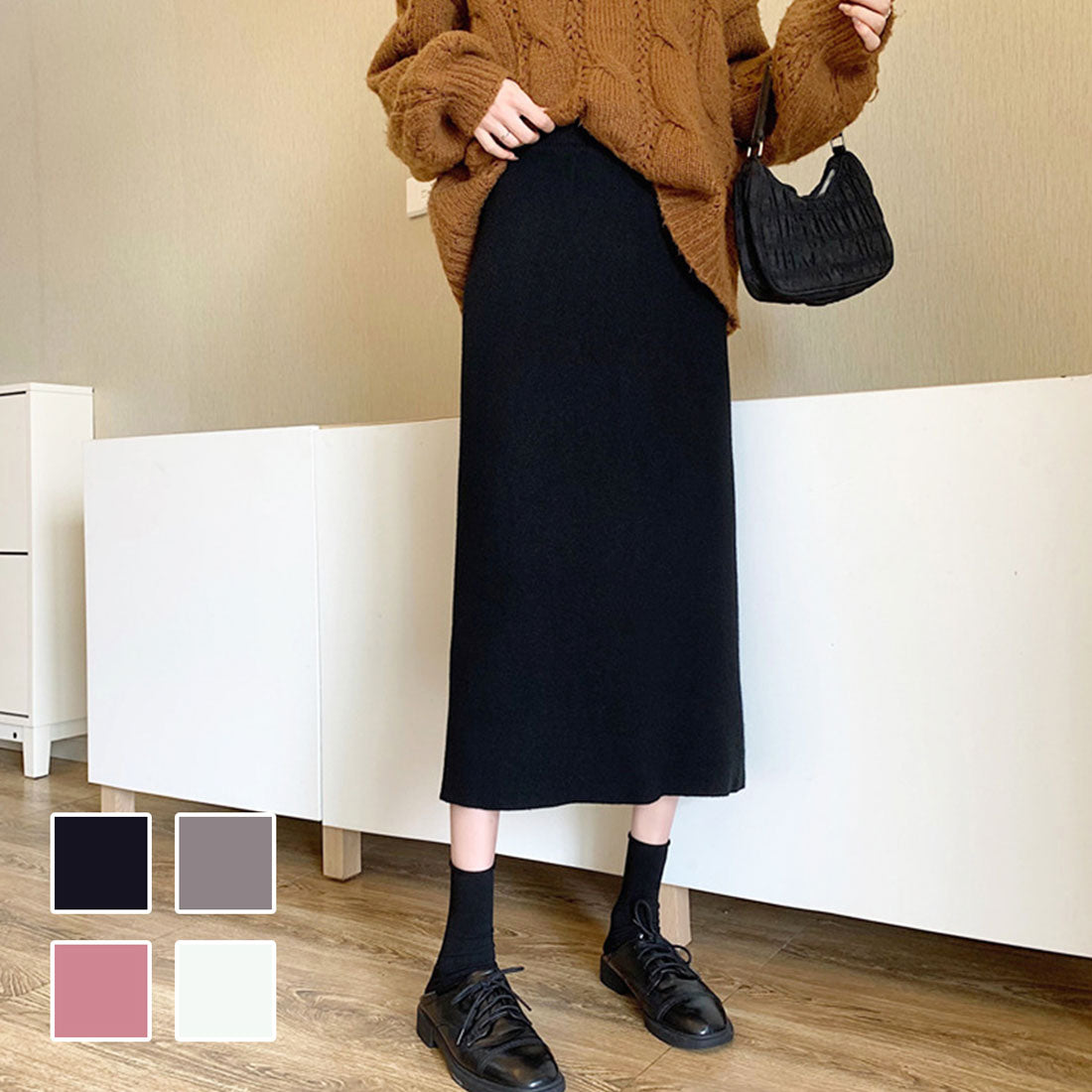 デューリリー Dewlily ミモレ丈タイトスカート 秋 冬 韓国ファッション 10代 20代 30代 レディース 可愛い 大人カジュアル シンプル 無地 脚長効果 細見え