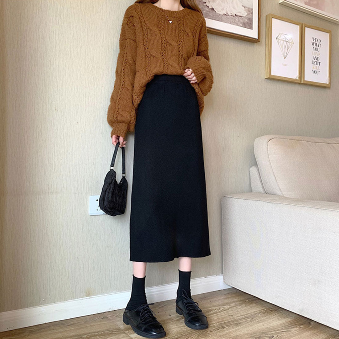 デューリリー Dewlily ミモレ丈タイトスカート 秋 冬 韓国ファッション 10代 20代 30代 レディース 可愛い 大人カジュアル シンプル 無地 脚長効果 細見え