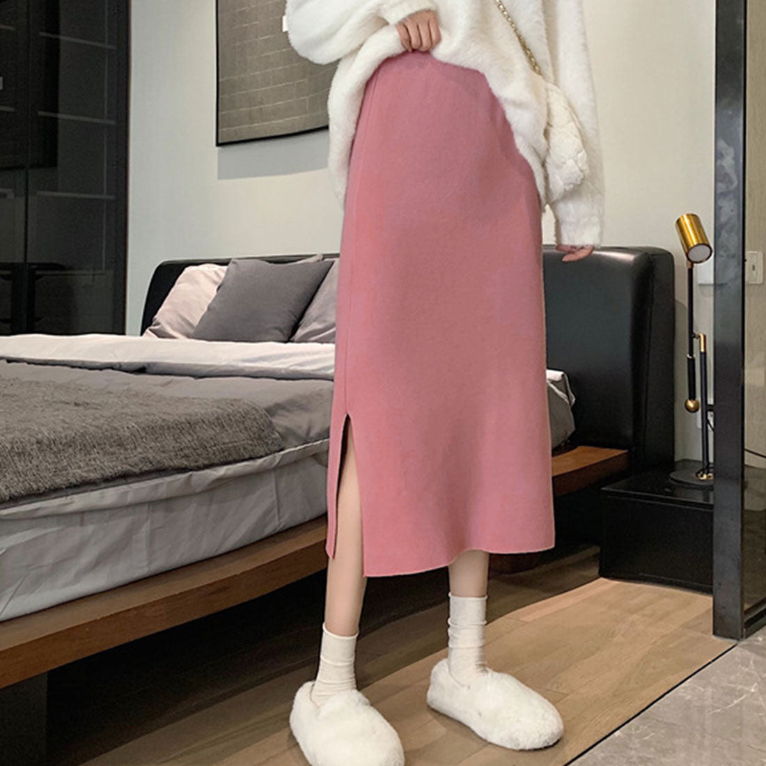 デューリリー Dewlily ミモレ丈タイトスカート 秋 冬 韓国ファッション 10代 20代 30代 レディース 可愛い 大人カジュアル シンプル 無地 脚長効果 細見え