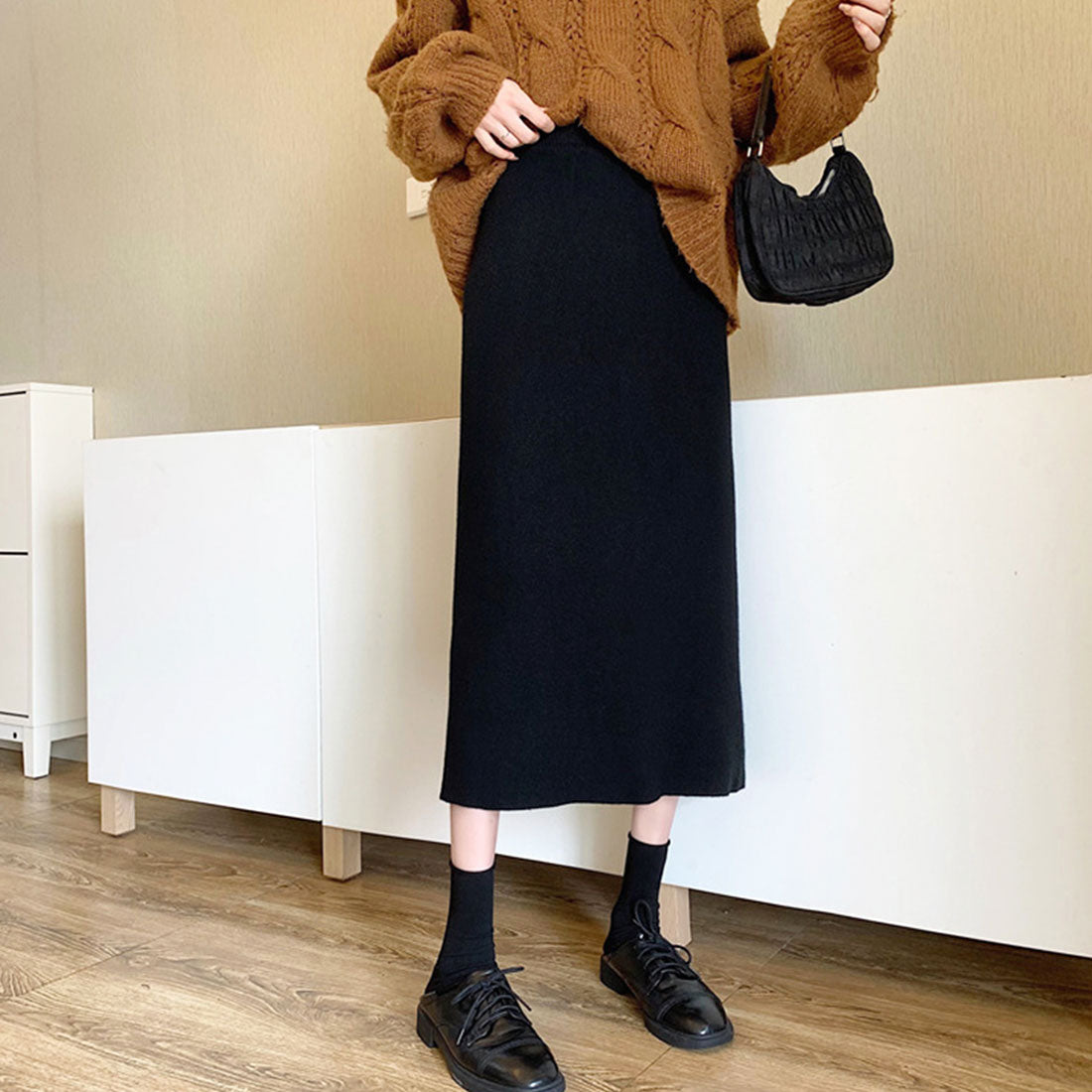 デューリリー Dewlily ミモレ丈タイトスカート 秋 冬 韓国ファッション 10代 20代 30代 レディース 可愛い 大人カジュアル シンプル 無地 脚長効果 細見え