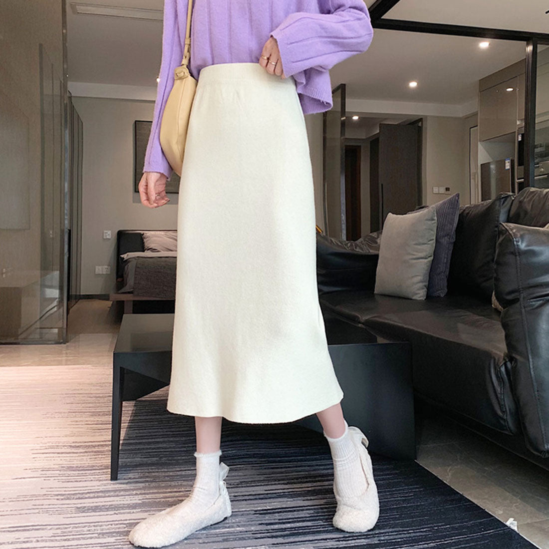 デューリリー Dewlily ミモレ丈タイトスカート 秋 冬 韓国ファッション 10代 20代 30代 レディース 可愛い 大人カジュアル シンプル 無地 脚長効果 細見え