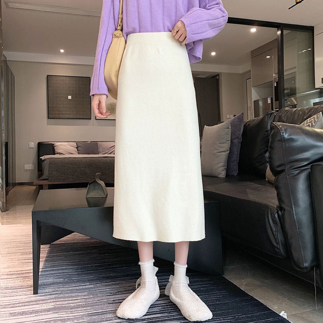 デューリリー Dewlily ミモレ丈タイトスカート 秋 冬 韓国ファッション 10代 20代 30代 レディース 可愛い 大人カジュアル シンプル 無地 脚長効果 細見え