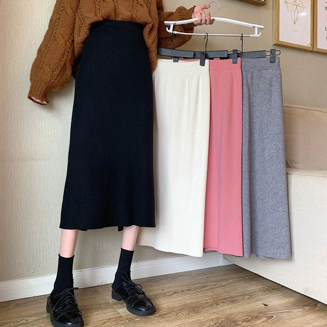 デューリリー Dewlily ミモレ丈タイトスカート 秋 冬 韓国ファッション 10代 20代 30代 レディース 可愛い 大人カジュアル シンプル 無地 脚長効果 細見え