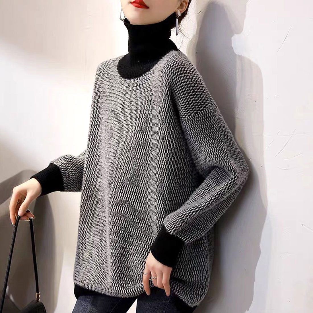 Durilly Dewlily High脖子在NIT秋季秋季韓國時尚女士女士可愛的成人休閒簡單袖子