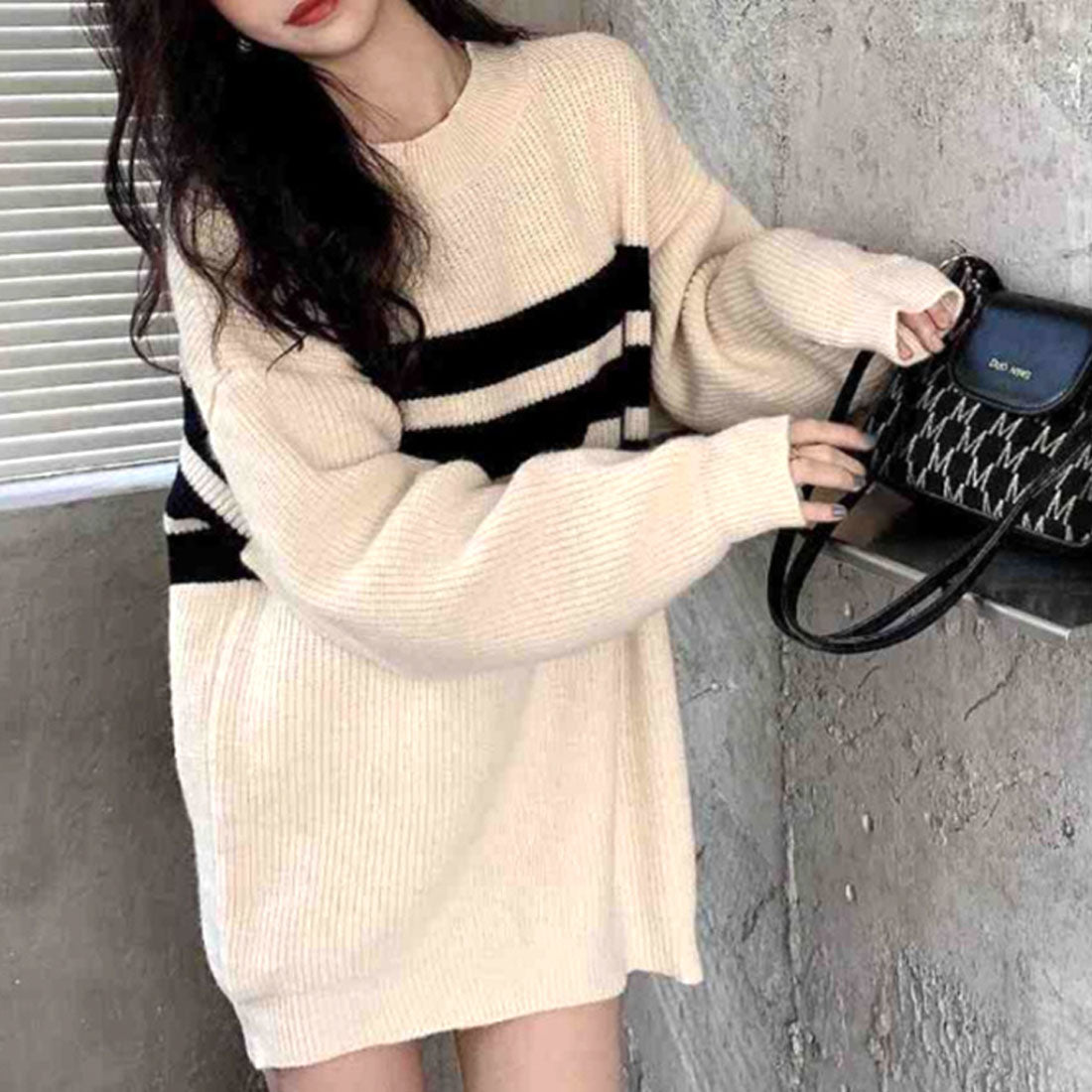 Dewlily Long Knit Autumn Winter Korean Fashion Teens 20s 30s Women's Cute Adult Casual Simple Long Sleeves Figure Covering Lines Oversized