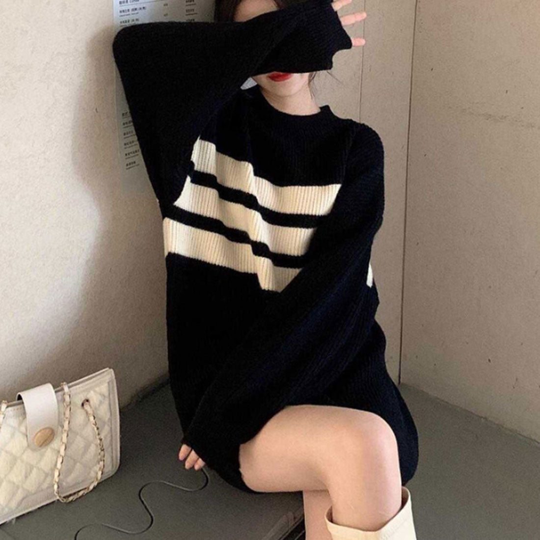 デューリリー Dewlily ロングニット 秋 冬 韓国ファッション 10代 20代 30代 レディース 可愛い 大人カジュアル シンプル 長袖 体型カバー ライン オーバーサイズ （ホワイト） ホワイト