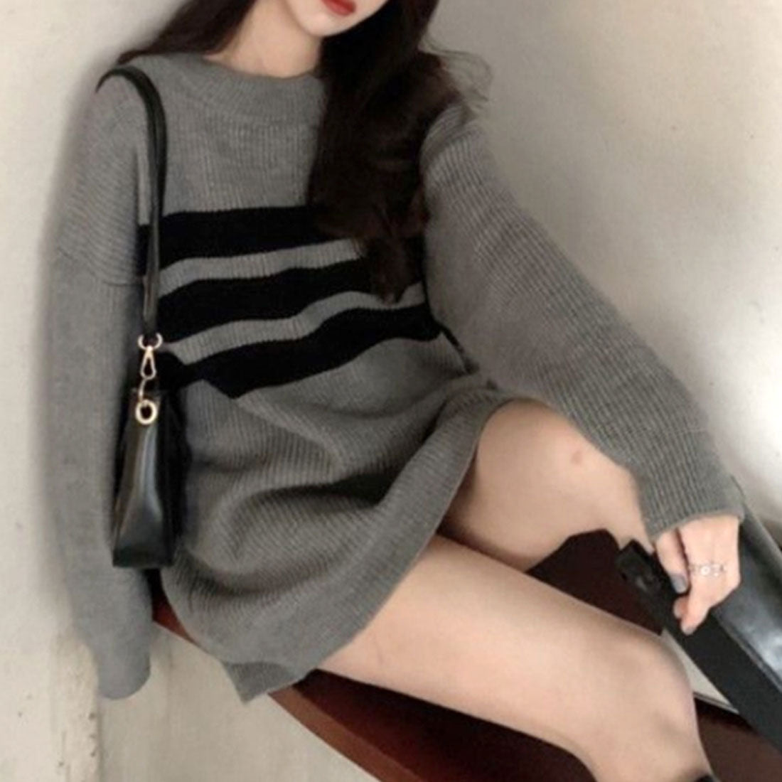 Dewlily Long Knit Autumn Winter Korean Fashion Teens 20s 30s Women's Cute Adult Casual Simple Long Sleeves Figure Covering Lines Oversized