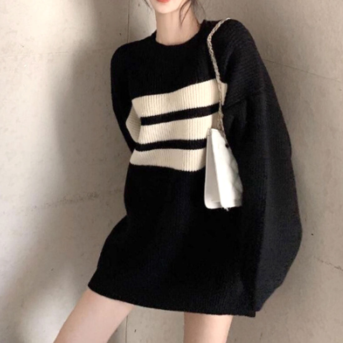 Dewlily Long Knit Autumn Winter Korean Fashion Teens 20s 30s Women's Cute Adult Casual Simple Long Sleeves Figure Covering Lines Oversized