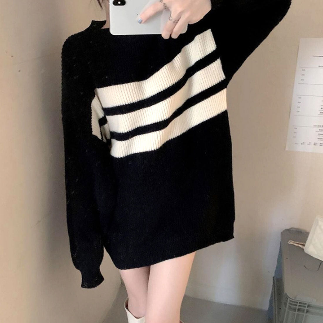 Dewlily Long Knit Autumn Winter Korean Fashion Teens 20s 30s Women's Cute Adult Casual Simple Long Sleeves Figure Covering Lines Oversized