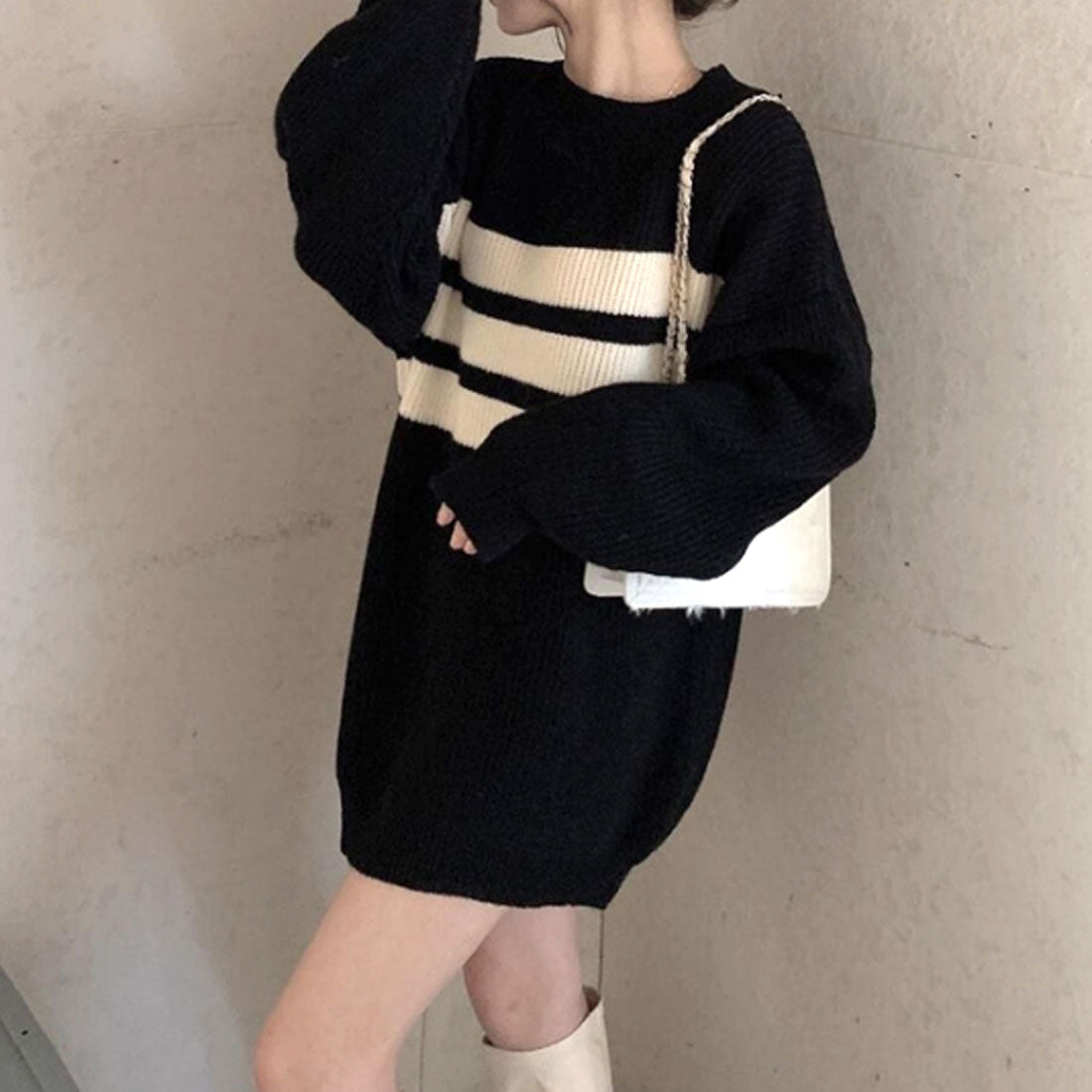 Dewlily Long Knit Autumn Winter Korean Fashion Teens 20s 30s Women's Cute Adult Casual Simple Long Sleeves Figure Covering Lines Oversized