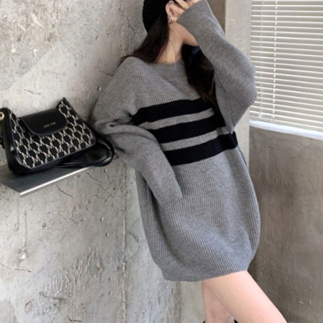 Dewlily Long Knit Autumn Winter Korean Fashion Teens 20s 30s Women's Cute Adult Casual Simple Long Sleeves Figure Covering Lines Oversized