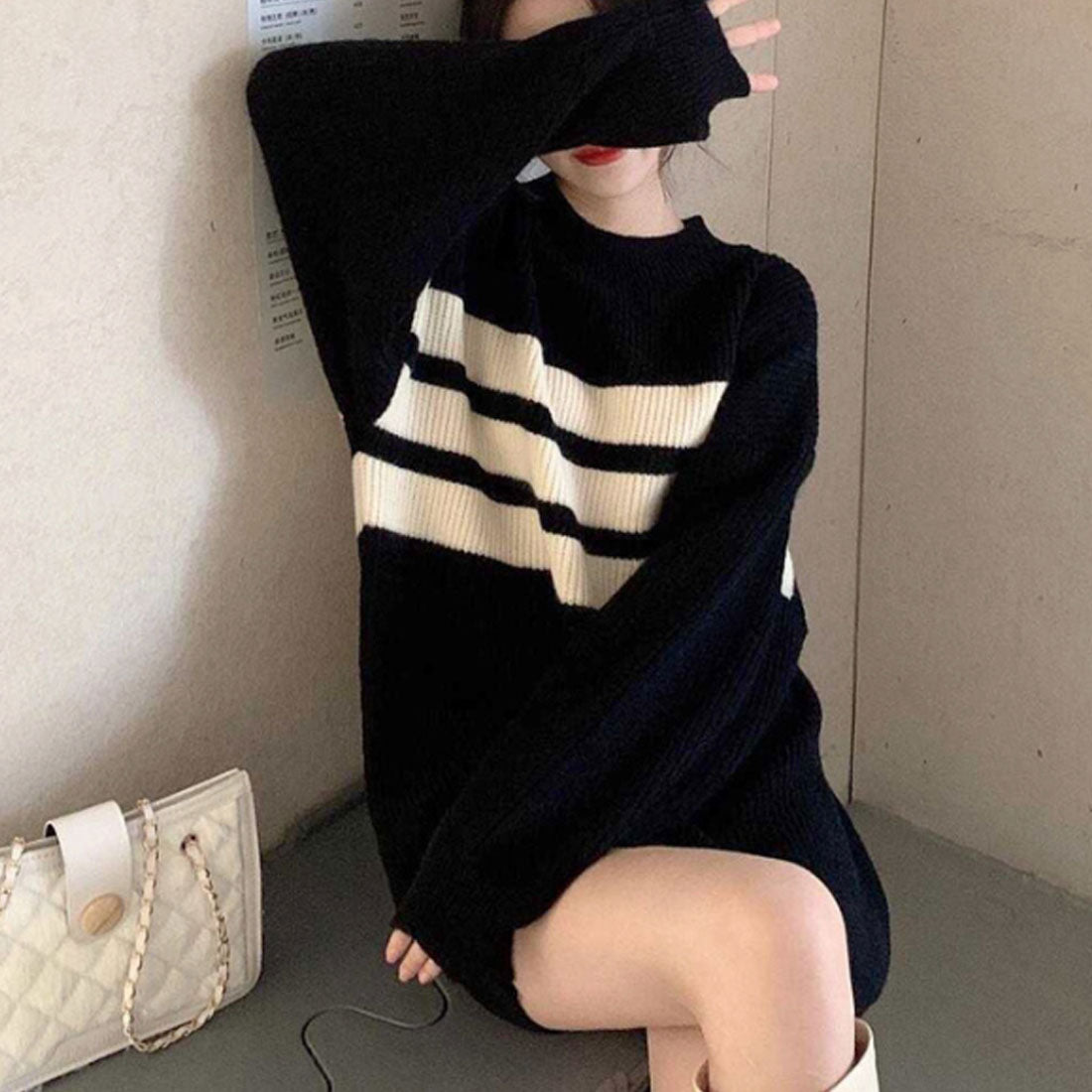 Dewlily Long Knit Autumn Winter Korean Fashion Teens 20s 30s Women's Cute Adult Casual Simple Long Sleeves Figure Covering Lines Oversized