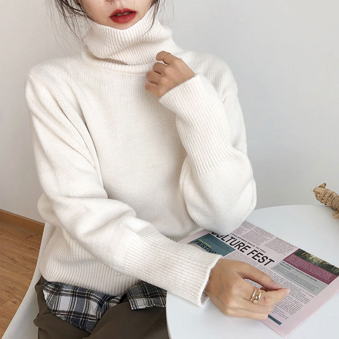 デューリリー Dewlily タートルネックセーター 秋 冬 韓国ファッション 10代 20代 30代 レディース 暖かい 可愛い 大人カジュアル シンプル ハイネック ニット,ホワイト