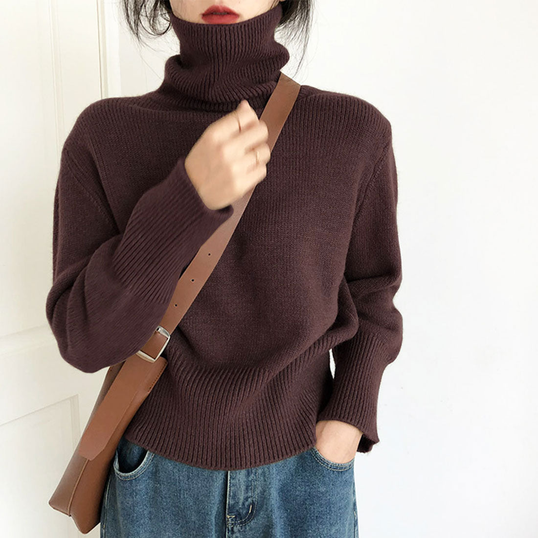 デューリリー Dewlily タートルネックセーター 秋 冬 韓国ファッション 10代 20代 30代 レディース 暖かい 可愛い 大人カジュアル シンプル ハイネック ニット （ブラウン） ブラウン