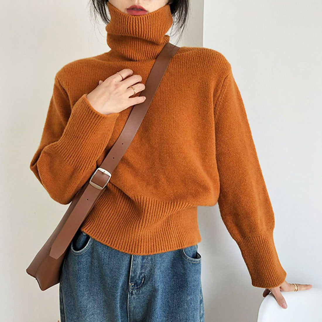 デューリリー Dewlily タートルネックセーター 秋 冬 韓国ファッション 10代 20代 30代 レディース 暖かい 可愛い 大人カジュアル シンプル ハイネック ニット （オレンジ） オレンジ